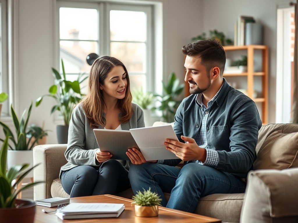 Ипотека для IT-специалистов: условия программ Молодая пара сидит на диване, обсуждая документы и делая заметки в уютной комнате с зелеными растениями.