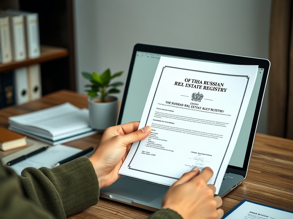 На изображении человек держит документ о недвижимости рядом с ноутбуком на столе.