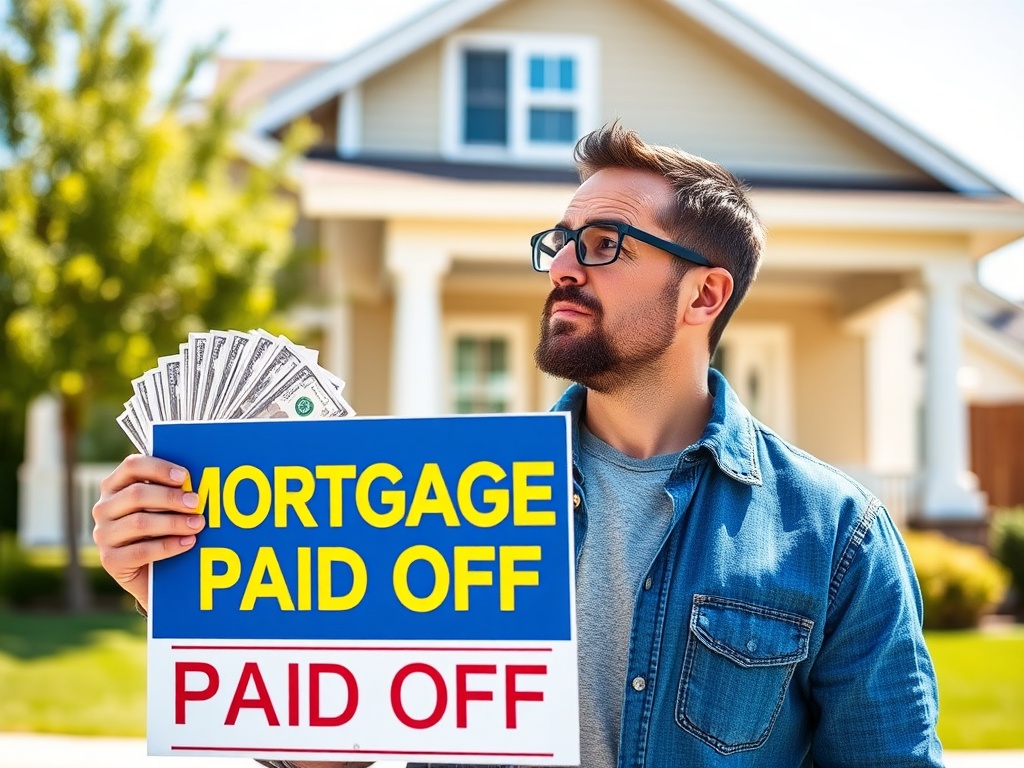 Можно ли досрочно погасить ипотеку и как это сделать Мужчина стоит перед домом с табличкой "Ипотека погашена" и деньгами в руках, довольный своим достижением.