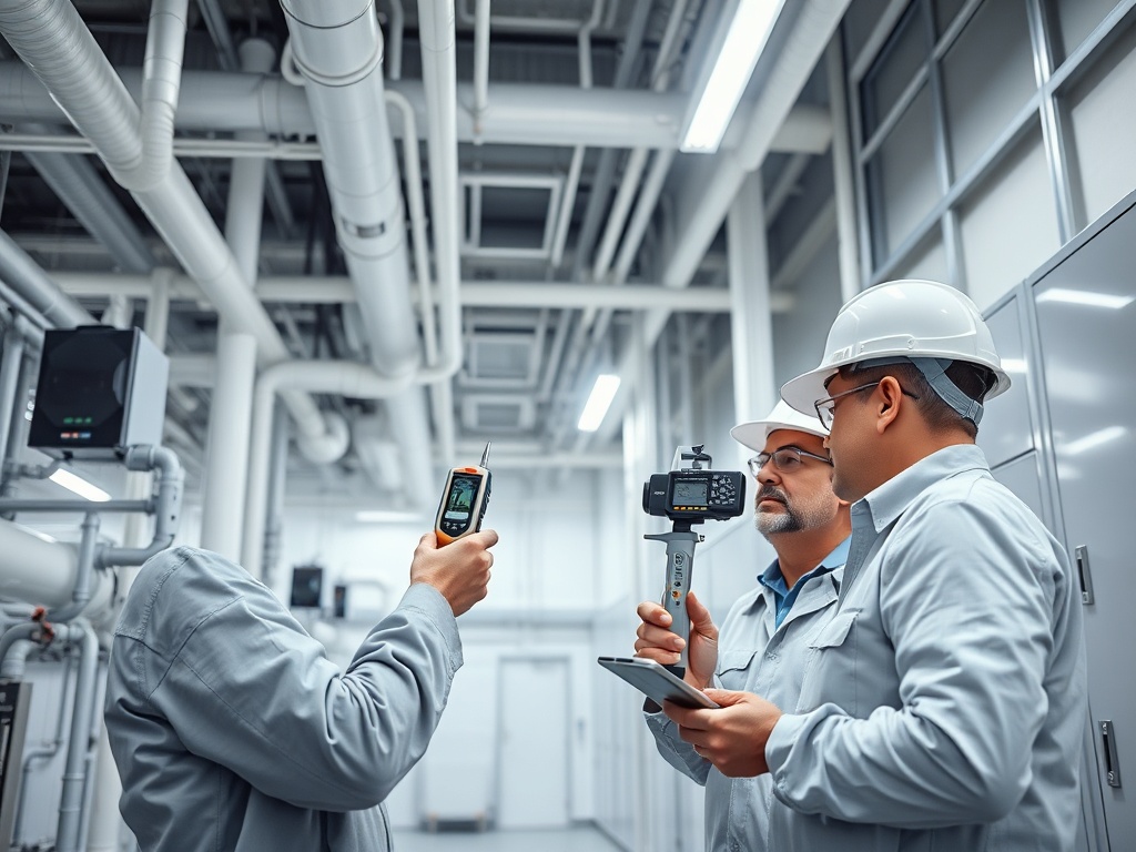 Три специалиста в защитных касках, работающие с измерительными приборами на промышленном объекте.