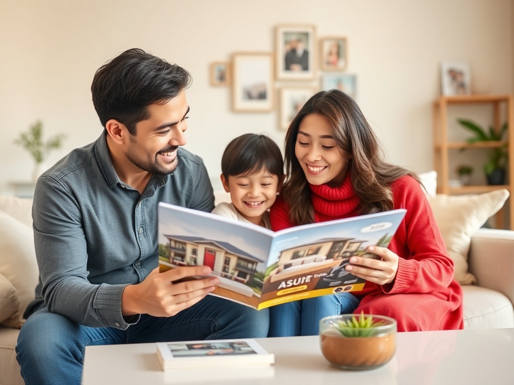 Семья улыбается, рассматривая журнал, сидя на диване в уютной комнате. На столе горшок с растением.