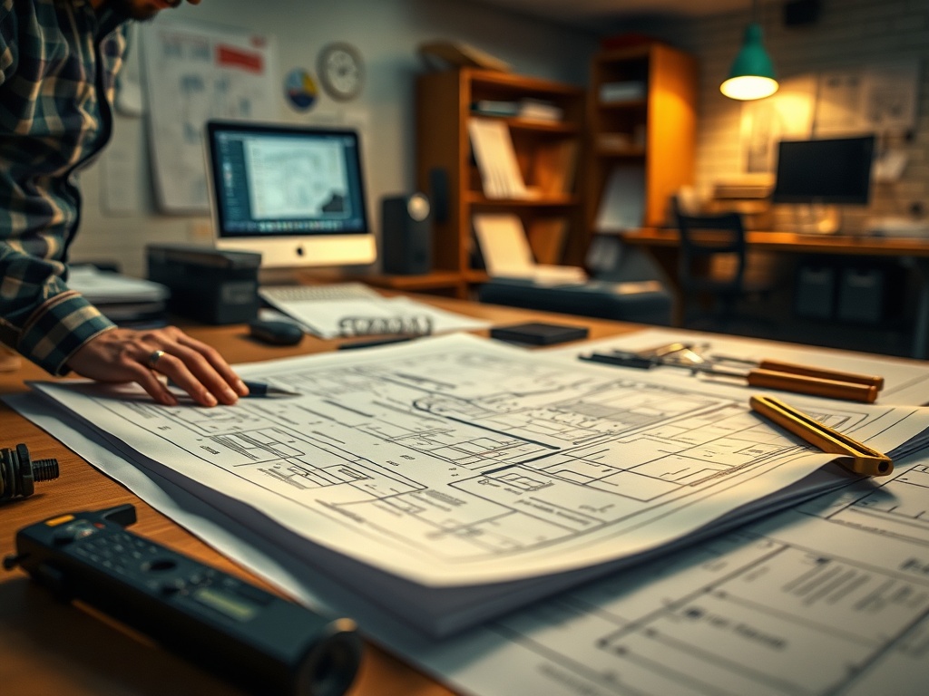 На столе разложены чертежи, компьютер и офисные принадлежности, человек работает над проектом.