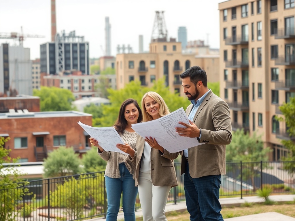 Как выбрать квартиру с учётом перспектив застройки промышленных зон Трое людей рассматривают строительные планы на фоне городского пейзажа с новыми зданиями.