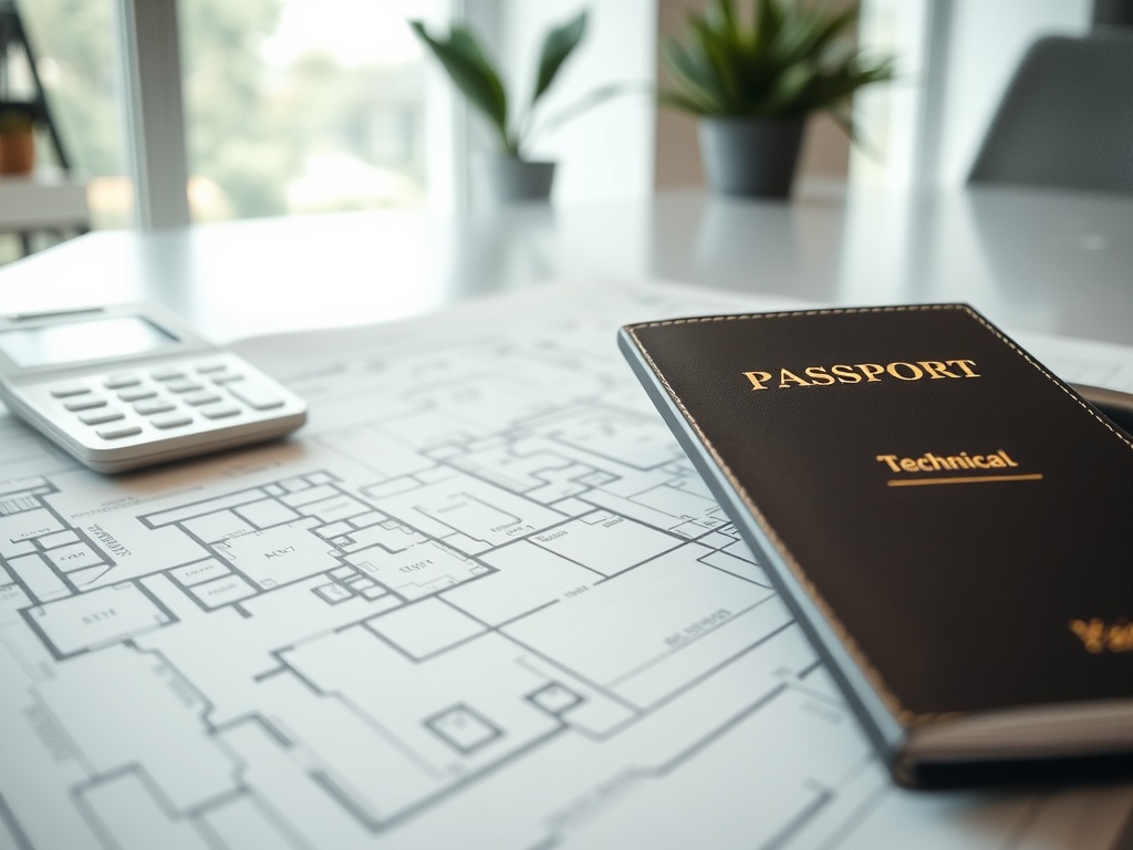 На столе лежит планировка, калькулятор и технический паспорт. Солнечный свет заполняет комнату.