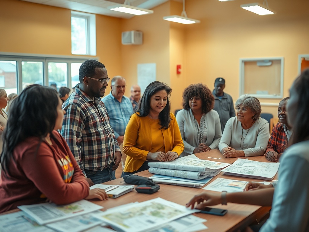 Как выбрать квартиру с учётом перспектив застройки промышленных зон Группа людей обсуждает проекты на встрече, занимающейся планированием и сотрудничеством.