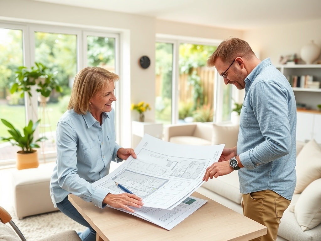 Женщина и мужчина обсуждают планы на столе, улыбаясь друг другу в светлой комнате с зелеными растениями.